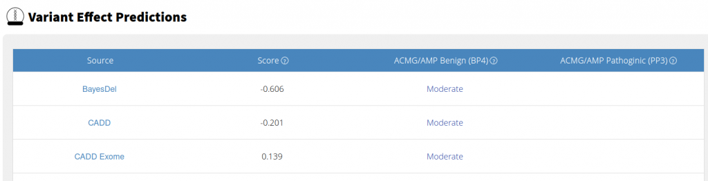 Screenshot of Variant Effect Predictors of the single variant page.